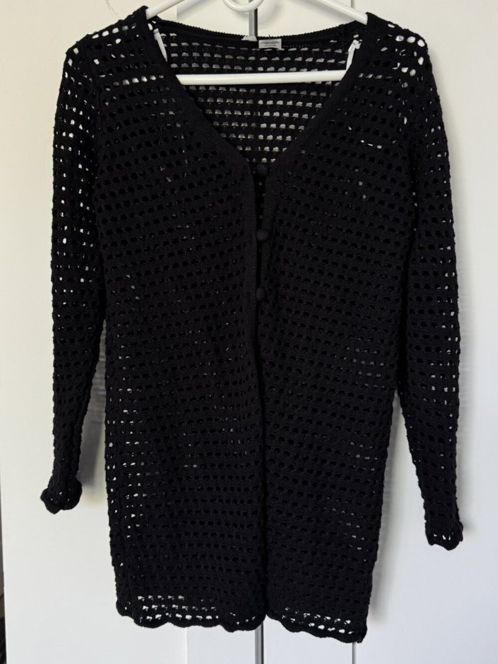 Lulus Open Knit Crochet Button Cardigan Black